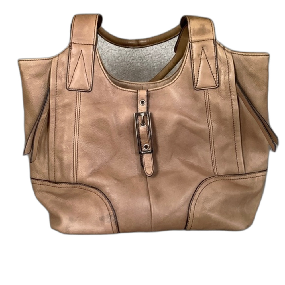 B. Makowsky Women's Bernie Tan Leather Buckle Front Large Shoulder Bag